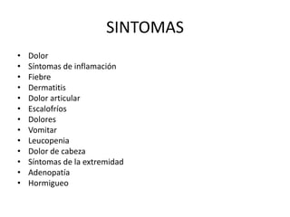 SINTOMAS
•   Dolor
•   Síntomas de inflamación
•   Fiebre
•   Dermatitis
•   Dolor articular
•   Escalofríos
•   Dolores
•   Vomitar
•   Leucopenia
•   Dolor de cabeza
•   Síntomas de la extremidad
•   Adenopatía
•   Hormigueo
 