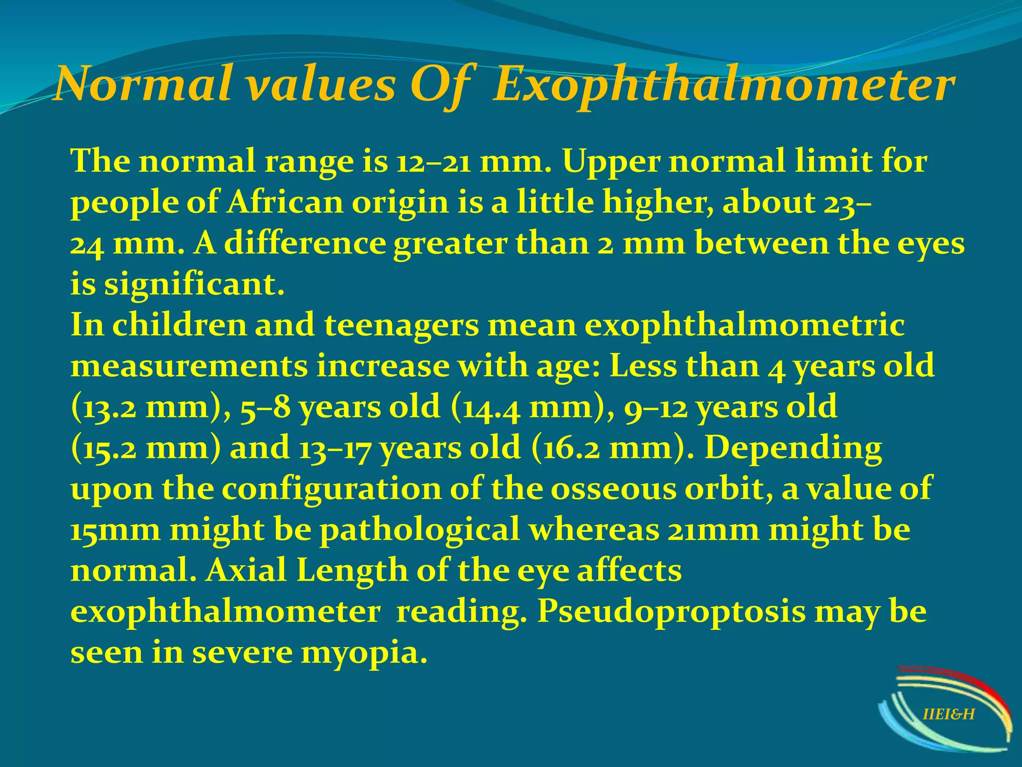 The normal range is 12–21 mm. Upper normal limit for
people of African origin is a little higher, about 23–
24 mm. A difference greater than 2 mm between the eyes
is significant.
In children and teenagers mean exophthalmometric
measurements increase with age: Less than 4 years old
(13.2 mm), 5–8 years old (14.4 mm), 9–12 years old
(15.2 mm) and 13–17 years old (16.2 mm). Depending
upon the configuration of the osseous orbit, a value of
15mm might be pathological whereas 21mm might be
normal. Axial Length of the eye affects
exophthalmometer reading. Pseudoproptosis may be
seen in severe myopia.
Normal values Of Exophthalmometer
IIEI&H
 