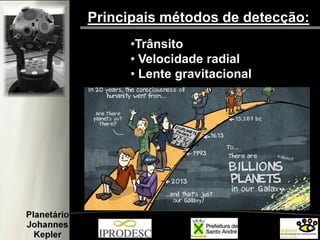 Principais métodos de detecção:
•Trânsito
• Velocidade radial
• Lente gravitacional
 