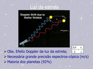 Luz da estrela




                                           vr
                                           
 Obs. Efeito Doppler da luz da estrela;    c
 Necessária grande precisão espectros-cópica (m/s)
 Maioria dos planetas (92%)
 
