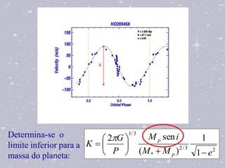 K




Determina-se o              2G 
                                  1/ 3
                                       M p sen i      1
limite inferior para a K       
                             P  (M *  M p )2 / 3 1  e2
massa do planeta:
 
