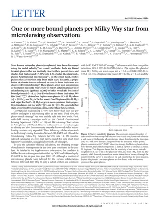 LETTER                                                                                                                                                                 doi:10.1038/nature10684




One or more bound planets per Milky Way star from
microlensing observations
A. Cassan1,2,3, D. Kubas1,2,4, J.-P. Beaulieu1,2,25, M. Dominik1,5, K. Horne1,5, J. Greenhill1,6, J. Wambsganss1,3, J. Menzies1,7,
A. Williams1,8, U. G. Jørgensen1,9, A. Udalski10,11, D. P. Bennett1,12, M. D. Albrow1,13, V. Batista1,2, S. Brillant1,4, J. A. R. Caldwell1,14,
A. Cole1,6, Ch. Coutures1,2, K. H. Cook1,15, S. Dieters1,6, D. Dominis Prester1,16, J. Donatowicz1,17, P. Fouque1,18, K. Hill1,6,
                                                                                                                     ´
N. Kains1,19, S. Kane1,20, J.-B. Marquette1,2, R. Martin1,8, K. R. Pollard1,13, K. C. Sahu1,14, C. Vinter1,9, D. Warren1,6, B. Watson1,6,
M. Zub1,3, T. Sumi21,22, M. K. Szymanski10,11, M. Kubiak10,11, R. Poleski10,11, I. Soszynski10,11, K. Ulaczyk10,11, G. Pietrzynski10,11,23
                                       ´                                                                                            ´
& Ł. Wyrzykowski10,11,24


Most known extrasolar planets (exoplanets) have been discovered                                        with the PLANET 2002–07 strategy. This leaves us with three compatible
using the radial velocity1,2 or transit3 methods. Both are biased                                      detections: OGLE 2005-BLG-071Lb (refs 16, 17) a Jupiter-like planet of
towards planets that are relatively close to their parent stars, and                                   mass M < 3.8 MJ and semi-major axis a < 3.6 AU; OGLE 2007-BLG-
studies find that around 17–30% (refs 4, 5) of solar-like stars host a                                 349Lb (ref. 18), a Neptune-like planet (M < 0.2 MJ, a < 3 AU); and the
planet. Gravitational microlensing6–9, on the other hand, probes
                                                                                                                                                            48




                                                                                                                                                                                                   1
planets that are further away from their stars. Recently, a popu-




                                                                                                                                                                                14
                                                                                                                                                                  34
                                                                                                                                                                  42




                                                                                                                                                                                              2
                                                                                                                                                                                          4
                                                                                                                                                                                      8
                                                                                                                                                                 24
                                                                                                                             1
lation of planets that are unbound or very far from their stars was




                                                                                                                                                                                                       0.4
                                                                                                                        3
discovered by microlensing10. These planets are at least as numerous                                                 103
                                                                                                                      10
as the stars in the Milky Way10. Here we report a statistical analysis of




                                                                                                                                      4


                                                                                                                                                14
microlensing data (gathered in 2002–07) that reveals the fraction of                                                                                                   J
bound planets 0.5–10 AU (Sun–Earth distance) from their stars. We
find that 17z6 % of stars host Jupiter-mass planets (0.3–10 MJ, where                                                   2


                                                                                                                                        2
              {9                                                                                                     102
                                                                                                                      10                                                         S
                                                                                                       Mass, M (M)




MJ 5 318 M› and M› is Earth’s mass). Cool Neptunes (10–30 M›)                                                                                           8
                                                                                                        Mass (M⊕




                                                                                                                                                                  4




                                                                                                                                                                           1
and super-Earths (5–10 M›) are even more common: their respec-




                                                                                                                                                                      2
                                                                                                                                        1
tive abundances per star are 52z22 % and 62z35 %. We conclude that




                                                                                                                                                                           4
                                  {29           {37




                                                                                                                                                                           0.
stars are orbited by planets as a rule, rather than the exception.
                                                                                                                                      0.

                                                                                                                                                                                               N
                                                                                                                                       4


                                                                                                                                                                                          U
   Gravitational microlensing is very rare: fewer than one star per                                                  10
million undergoes a microlensing effect at any time. Until now, the
planet-search strategy7 has been mainly split into two levels. First,
wide-field survey campaigns such as the Optical Gravitational
Lensing Experiment (OGLE; ref. 11) and Microlensing Observations
in Astrophysics (MOA; ref. 12) cover millions of stars every clear night                                               1                        E
to identify and alert the community to newly discovered stellar micro-                                                 0.1                     1                                 10
lensing events as early as possible. Then, follow-up collaborations such                                                                     Semi-major axis, a a (AU)
                                                                                                                                              Semi-major axis, (AU)
as the Probing Lensing Anomalies Network (PLANET; ref. 13) and the                                     Figure 1 | Survey-sensitivity diagram. Blue contours, expected number of
Microlensing Follow-Up Network (mFUN; refs 14, 15) monitor                                             detections from our survey if all lens stars have exactly one planet with orbit size
selected candidates at a very high rate to search for very short-lived                                 a and mass M. Red points, all microlensing planet detections in the time span
light curve anomalies, using global networks of telescopes.                                            2002–07, with error bars (s.d.) reported from the literature. White points,
   To ease the detection-efficiency calculation, the observing strategy                                planets consistent with PLANET observing strategy. Red letters, planets of our
should remain homogeneous for the time span considered in the ana-                                     Solar System, marked for comparison: E, Earth; J, Jupiter; S, Saturn; U,Uranus;
                                                                                                       N, Neptune. This diagram shows that the sensitivity of our survey extends
lysis. As detailed in the Supplementary Information, this condition is
                                                                                                       roughly from 0.5 AU to 10 AU for planetary orbits, and from 5 M› to 10 MJ. The
fulfilled for microlensing events identified by OGLE and followed up by                                majority of all detected planets have masses below that of Saturn, although the
PLANET in the six-year time span 2002207. Although a number of                                         sensitivity of the survey is much lower for such planets than for more massive,
microlensing planets were detected by the various collaborations                                       Jupiter-like planets. Low-mass planets are thus found to be much more
between 2002 and 2007 (Fig. 1), only a subset of them are consistent                                   common than giant planets.
1
                                                                                                          ´
 Probing Lensing Anomalies Network (PLANET) Collaboration, Institut d’Astrophysique de Paris, Universite Pierre & Marie Curie, UMR7095 UPMC–CNRS 98 bis boulevard Arago, 75014 Paris, France.
2
 Institut d’Astrophysique de Paris, Universite Pierre & Marie Curie, UMR7095 UPMC–CNRS 98 bis boulevard Arago, 75014 Paris, France. 3Astronomischen Rechen-Instituts (ARI), Zentrum fur Astronomie,
                                             ´                                                                                                                                             ¨
Heidelberg University, Monchhofstrasse 12–14, 69120 Heidelberg, Germany. 4European Southern Observatory, Alonso de Cordoba 3107, Vitacura, Casilla 19001, Santiago, Chile. 5Scottish Universities
                          ¨
Physics Alliance (SUPA), University of St Andrews, School of Physics & Astronomy, North Haugh, St Andrews, KY16 9SS, UK. 6University of Tasmania, School of Maths and Physics, Private bag 37, GPO
Hobart, Tasmania 7001, Australia. 7South African Astronomical Observatory, PO Box 9 Observatory 7935, South Africa. 8Perth Observatory, Walnut Road, Bickley, Perth 6076, Australia. 9Niels Bohr Institute
and Centre for Star and Planet Formation, Juliane Mariesvej 30, 2100 Copenhagen, Denmark. 10Optical Gravitational Lensing Experiment (OGLE) Collaboration, Warsaw University Observatory, Al.
Ujazdowskie 4, 00-478 Warszawa, Poland. 11Warsaw University Observatory, Al. Ujazdowskie 4, 00-478 Warszawa, Poland. 12University of Notre Dame, Physics Department, 225 Nieuwland Science Hall,
Notre Dame, Indiana 46530, USA. 13University of Canterbury, Department of Physics & Astronomy, Private Bag 4800, Christchurch 8140, New Zealand. 14Space Telescope Science Institute, 3700 San
Martin Drive, Baltimore, Maryland 21218, USA. 15Institute of Geophysics and Planetary Physics, Lawrence Livermore National Laboratory, PO Box 808, California 94550, USA. 16Department of Physics,
University of Rijeka, Omladinska 14, 51000 Rijeka, Croatia. 17Technical University of Vienna, Department of Computing, Wiedner Hauptstrasse 10, 1040 Vienna, Austria. 18Laboratoire Astrophysique de
Toulouse (LATT), Universite de Toulouse, CNRS, 31400 Toulouse, France. 19European Southern Observatory Headquarters, Karl-Schwarzschild-Strasse 2, 85748 Garching, Germany. 20NASA Exoplanet
                            ´
Science Institute, Caltech, MS 100-22, 770 South Wilson Avenue, Pasadena, California 91125, USA. 21Microlensing Observations in Astrophysics (MOA) Collaboration, Department of Earth and Space
Science, Osaka University, Osaka 560-0043, Japan. 22Department of Earth and Space Science, Osaka University, Osaka 560-0043, Japan. 23Universidad de Concepcion, Departamento de Fisica, Casilla
                                                                                                                                                                     ´
160-C, Concepcion, Chile. 24Institute of Astronomy, University of Cambridge, Madingley Road, Cambridge CB3 0HA, UK. 25Department of Physics and Astronomy, University College London, Gower Street,
                  ´
London WC1E 6BT, UK.


                                                                                                                                  1 2 J A N U A RY 2 0 1 2 | VO L 4 8 1 | N AT U R E | 1 6 7
                                                            ©2012 Macmillan Publishers Limited. All rights reserved
 