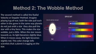 Method 2: The Wobble Method
The second method is called the Radial
Velocity or Doppler Method. Imagine
playing tug-of-war, both the side pull each
other in the game in the same way planets
do not just orbit a star they also pull the
star with a tiny force. This makes the star
wobble, just a little. When the star moves
towards us, its light becomes slightly blue.
When it moves away, the light becomes
slightly red. This color change tells
scientists that a planet is tugging on the
star.
 