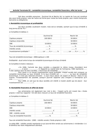 Activité Terminale ES : rentabilité économique, rentabilité financière, effet de levier



            Soit deux sociétés anonymes : Duchmol SA et Machin SA. Le capital de l'une est constitué
des seuls fonds propres, celui de l'autre est formé pour moitié de fonds propres, pour moitié d'emprunts
bancaires ou obligataires.

I- Rentabilité économique et profitabilité

            Les deux sociétés voudraient investir, mais est-ce rentable, sachant que le taux d'intérêt à
long terme est de 7% ?

a) Complétez le tableau 1:

                                                        Duchmol SA                                  Machin SA
Capitaux propres                                          100 000 €                                  50 000 €
Capitaux empruntés                                               -                                   50 000 €
EBE                                                        10 000 €                                  10 000 €
Taux de rentabilité économique                               ...... %                                  .......%
Intérêts versés                                              ...... €                                  ........ €
Investissement profitable ?                  .........., car ........% > ..........%    .........., car ........% > ..........%


Taux de rentabilité économique : (EBE/capitaux) x 100

Profitabilité : écart entre le taux de rentabilité économique et le taux d'intérêt

b) Complétez le texte ci-dessous :

                   « En 2006, l'activité des deux sociétés a engendré le même niveau d'excédent brut
d'......................., à savoir ..................... €. Rapporté au capital total de l'entreprise, l'EBE représente ......
% des capitaux pour les deux sociétés : c'est le taux de rentabilité ......................
                   Pour savoir si un nouvel investissement serait profitable, chaque société doit comparer sa
rentabilité économique au taux d'intérêt. Si le taux d'intérêt est ..................... au taux de rentabilité
économique, il n'est pas rationnel d'investir : il vaut mieux placer cet argent en Bourse ! Dans le cas
inverse, l'investissement est possible, puisqu'il pourrait rapporter plus d'argent à l'entreprise qu'il
n'en ......................
                   Pour 2006, on voit que les deux sociétés ont intérêt à investir plutôt que de placer : leur
investissement est .....................».


II- Rentabilité financière et effet de levier

            Les actionnaires ont également leur mot à dire : l'argent qu'ils ont investi (les « fonds
propres ») doit leur rapporter ! On doit donc mesurer un taux de rentabilité financière.

a) Complétez le tableau 2 :

                                                        Duchmol SA                                  Machin SA
Capitaux propres                                          100 000 €                                  50 000 €
Capitaux empruntés                                               -                                   50 000 €
EBE                                                        10 000 €                                  10 000 €
Intérêts versés                                      .........................€                    .................€
EBE – intérêts versés                                  ................... €                      ....................€
Taux de rentabilité financière                              .........%                               ............%


Taux de rentabilité financière : [(EBE – intérêts versés) / fonds propres] x 100

Le solde (EBE – intérêts versés) représente ce qui pourrait être versés aux actionnaires (« dividendes ») si
le bénéfice leur était intégralement distribué.
 