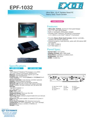 EPF-1032
www.exor-rd.com
CleI
*CPU:
Intel Pentium M/Celeron M processor 1.3~1.8GHz
ULV Intel Celeron M processor 600MHz/512K
*Memory: One SO-DDR socket supports up to 1GB
*Chipset: Intel 852GME/ICH4
*Touch Screen: 10.4" resistive(5mm) or SAW(6mm) touch
screen (optional)
*Dimmer Controller: 3-key Dimmer controller (optional)
*Display: Onboard graphics controller
*Ethernet: Onboard dual 10/100 Based controller
*Wireless LAN: Provides wireless LAN module (optional)
*Audio: Onboard 3D audio controller with 2W stereo AMP
*Storage:
Type I/II CF adapter x 1
2.5" HDD space x 1
*Serial Port: 1 port
*USB: USB2.0 port x 2
*Keyboard/Mouse: PS/2 6-pin Mini DIN
*BIOS: AMI PnP Flash BIOS
*Watchdog Timer: Software programmable time-out intervals
from 1~255 sec.
*Power In: 60W power adapter or isolated DC-DC power in
*EMC: CE, FCC
*Front Panel Protection: IP65 (Resistive touch only)
*Temperature: 0~+45o
C (operating); -20~+70o
C (storage)
*Dimensions: 29.2(L) x 22.6(H) x 5.504(W) cm
*Weight: 4.2kgs
Features
Specifications
Ultra slim, fanless, aluminum front panel design
10.4" TFT color panel display
Built-in mainboard, 60W power adapter
Provides Intel Pentium M/Celeron M processor
1.3~1.8GHz or ULV Intel Celeron M processor
Provides Heavy Duty touch screen, dimmer controller,
wireless LAN module (optional)
Onboard graphics, dual ethernet, audio with 2W stereo AMP
and speaker
CF, COM, 2 USB2.0
2.5" HDD space x 1
Panel Spec.
Screen Size: 10.4 inches
Display Format: 800 x 600 pixels
Pixel Pitch: 0.264(H) x 0.264(V) m/m
Brightness: 250 cd/m2
MTBF: 15,000 hrs.
01. Main Power On/Off
02. DC In
03. DC Adapter In
04. COM 1
05. CRT
06. KB/MS
07. CF
08. RJ-45
09. US2.0
10. Reset Button
11. LAN ANT
12. Audio
1.6GHz Fanless!!
R R R
R R
01
02
05
06
07
08
09
10
11
12
03
04
R R R
R R
R
EPF-1032-16M
Ultra Slim, 10.4” Fanless Panel PC
Heavy Duty Touch Screen
EPF-1032-16
ELECTROMATE
Toll Free Phone (877) SERVO98
Toll Free Fax (877) SERV099
www.electromate.com
sales@electromate.com
Sold & Serviced By:
 