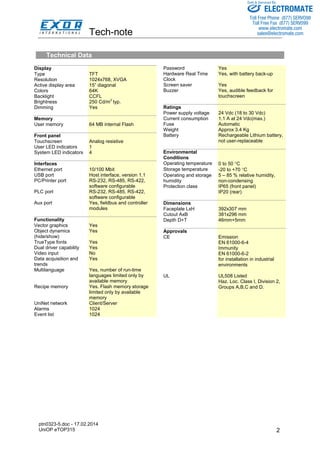 Tech-note 
ptn0323-5.doc - 17.02.2014 
UniOP eTOP315 
Sold & Serviced By: 
ELECTROMATE 
Toll Free Phone (877) SERVO98 
Toll Free Fax (877) SERV099 
www.electromate.com 
sales@electromate.com 
2 
Technical Data 
Display 
Type TFT 
Resolution 1024x768, XVGA 
Active display area 15” diagonal 
Colors 64K 
Backlight CCFL 
Brightness 250 Cd/m2 typ. 
Dimming Yes 
Memory 
User memory 64 MB internal Flash 
Front panel 
Touchscreen Analog resistive 
User LED indicators 1 
System LED indicators 4 
Interfaces 
Ethernet port 10/100 Mbit 
USB port Host interface, version 1.1 
PC/Printer port RS-232, RS-485, RS-422, 
software configurable 
PLC port RS-232, RS-485, RS-422, 
software configurable 
Aux port Yes, fieldbus and controller 
modules 
Functionality 
Vector graphics Yes 
Object dynamics 
Yes 
(hide/show) 
TrueType fonts Yes 
Dual driver capability Yes 
Video input No 
Data acquisition and 
Yes 
trends 
Multilanguage Yes, number of run-time 
languages limited only by 
available memory 
Recipe memory Yes. Flash memory storage 
limited only by available 
memory 
UniNet network Client/Server 
Alarms 1024 
Event list 1024 
Password Yes 
Hardware Real Time 
Clock 
Yes, with battery back-up 
Screen saver Yes 
Buzzer Yes, audible feedback for 
touchscreen 
Ratings 
Power supply voltage 24 Vdc (18 to 30 Vdc) 
Current consumption 1.1 A at 24 Vdc(max.) 
Fuse Automatic 
Weight Approx 3.4 Kg 
Battery Rechargeable Lithium battery, 
not user-replaceable 
Environmental 
Conditions 
Operating temperature 0 to 50 °C 
Storage temperature -20 to +70 °C 
Operating and storage 
humidity 
5 – 85 % relative humidity, 
non-condensing 
Protection class IP65 (front panel) 
IP20 (rear) 
Dimensions 
Faceplate LxH 392x307 mm 
Cutout AxB 381x296 mm 
Depth D+T 46mm+5mm 
Approvals 
CE Emission 
EN 61000-6-4 
Immunity 
EN 61000-6-2 
for installation in industrial 
environments 
UL 
UL508 Listed 
Haz. Loc. Class I, Division 2, 
Groups A,B,C and D. 
 