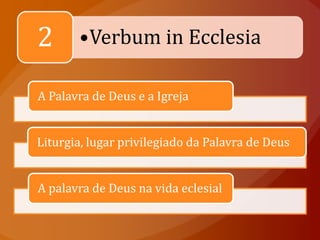 2      •Verbum in Ecclesia

A Palavra de Deus e a Igreja


Liturgia, lugar privilegiado da Palavra de Deus


A palavra de Deus na vida eclesial
 
