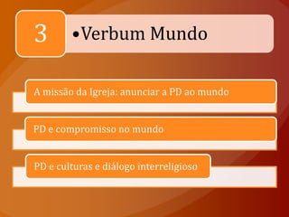 3       •Verbum Mundo

A missão da Igreja: anunciar a PD ao mundo


PD e compromisso no mundo


PD e culturas e diálogo interreligioso
 