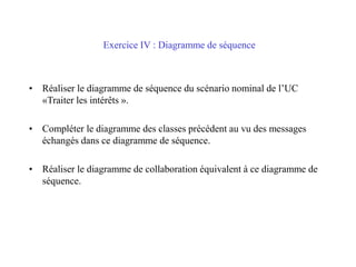 Exercice IV : Diagramme de séquence
• Réaliser le diagramme de séquence du scénario nominal de l’UC
«Traiter les intérêts ».
• Compléter le diagramme des classes précédent au vu des messages
échangés dans ce diagramme de séquence.
• Réaliser le diagramme de collaboration équivalent à ce diagramme de
séquence.
 