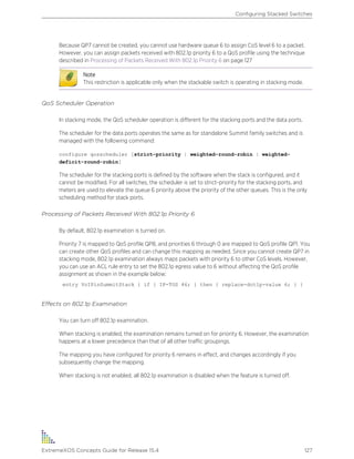 Because QP7 cannot be created, you cannot use hardware queue 6 to assign CoS level 6 to a packet.
However, you can assign packets received with 802.1p priority 6 to a QoS profile using the technique
described in Processing of Packets Received With 802.1p Priority 6 on page 127
Note
This restriction is applicable only when the stackable switch is operating in stacking mode.
QoS Scheduler Operation
In stacking mode, the QoS scheduler operation is different for the stacking ports and the data ports.
The scheduler for the data ports operates the same as for standalone Summit family switches and is
managed with the following command:
configure qosscheduler [strict-priority | weighted-round-robin | weighted-
deficit-round-robin]
The scheduler for the stacking ports is defined by the software when the stack is configured, and it
cannot be modified. For all switches, the scheduler is set to strict-priority for the stacking ports, and
meters are used to elevate the queue 6 priority above the priority of the other queues. This is the only
scheduling method for stack ports.
Processing of Packets Received With 802.1p Priority 6
By default, 802.1p examination is turned on.
Priority 7 is mapped to QoS profile QP8, and priorities 6 through 0 are mapped to QoS profile QP1. You
can create other QoS profiles and can change this mapping as needed. Since you cannot create QP7 in
stacking mode, 802.1p examination always maps packets with priority 6 to other CoS levels. However,
you can use an ACL rule entry to set the 802.1p egress value to 6 without affecting the QoS profile
assignment as shown in the example below:
entry VoIPinSummitStack { if { IP-TOS 46; } then { replace-dot1p-value 6; } }
Effects on 802.1p Examination
You can turn off 802.1p examination.
When stacking is enabled, the examination remains turned on for priority 6. However, the examination
happens at a lower precedence than that of all other traffic groupings.
The mapping you have configured for priority 6 remains in effect, and changes accordingly if you
subsequently change the mapping.
When stacking is not enabled, all 802.1p examination is disabled when the feature is turned off.
Configuring Stacked Switches
ExtremeXOS Concepts Guide for Release 15.4 127
 
