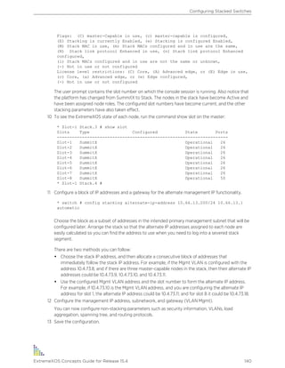 Flags: (C) master-Capable in use, (c) master-capable is configured,
(E) Stacking is currently Enabled, (e) Stacking is configured Enabled,
(M) Stack MAC in use, (m) Stack MACs configured and in use are the same,
(N) Stack link protocol Enhanced in use, (n) Stack link protocol Enhanced
configured,
(i) Stack MACs configured and in use are not the same or unknown,
(-) Not in use or not configured
License level restrictions: (C) Core, (A) Advanced edge, or (E) Edge in use,
(c) Core, (a) Advanced edge, or (e) Edge configured,
(-) Not in use or not configured
The user prompt contains the slot number on which the console session is running. Also notice that
the platform has changed from SummitX to Stack. The nodes in the stack have become Active and
have been assigned node roles. The configured slot numbers have become current, and the other
stacking parameters have also taken effect.
10 To see the ExtremeXOS state of each node, run the command show slot on the master:
* Slot-1 Stack.3 # show slot
Slots Type Configured State Ports
--------------------------------------------------------------------
Slot-1 SummitX Operational 26
Slot-2 SummitX Operational 26
Slot-3 SummitX Operational 26
Slot-4 SummitX Operational 26
Slot-5 SummitX Operational 26
Slot-6 SummitX Operational 26
Slot-7 SummitX Operational 26
Slot-8 SummitX Operational 50
* Slot-1 Stack.4 #
11 Configure a block of IP addresses and a gateway for the alternate management IP functionality.
* switch # config stacking alternate-ip-address 10.66.13.200/24 10.66.13.1
automatic
Choose the block as a subset of addresses in the intended primary management subnet that will be
configured later. Arrange the stack so that the alternate IP addresses assigned to each node are
easily calculated so you can find the address to use when you need to log into a severed stack
segment.
There are two methods you can follow:
• Choose the stack IP address, and then allocate a consecutive block of addresses that
immediately follow the stack IP address. For example, if the Mgmt VLAN is configured with the
address 10.4.73.8, and if there are three master-capable nodes in the stack, then their alternate IP
addresses could be 10.4.73.9, 10.4.73.10, and 10.4.73.11.
• Use the configured Mgmt VLAN address and the slot number to form the alternate IP address.
For example, if 10.4.73.10 is the Mgmt VLAN address, and you are configuring the alternate IP
address for slot 1, the alternate IP address could be 10.4.73.11; and for slot 8 it could be 10.4.73.18.
12 Configure the management IP address, subnetwork, and gateway (VLAN Mgmt).
You can now configure non-stacking parameters such as security information, VLANs, load
aggregation, spanning tree, and routing protocols.
13 Save the configuration.
Configuring Stacked Switches
ExtremeXOS Concepts Guide for Release 15.4 140
 