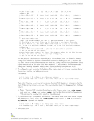 *00:04:96:26:6a:f1 1 1 11 10.127.4.131/24 10.127.4.254
CcEeMm--- Aa
00:04:96:26:6c:93 2 2 Auto 10.127.4.132/24 10.127.4.254 CcEeMm---
Aa
00:04:96:27:c8:c7 3 3 Auto 10.127.4.133/24 10.127.4.254 CcEeMm---
Aa
00:04:96:26:5f:4f 4 4 4 10.127.4.139/24 10.127.4.254 CcEeMm---
Aa
00:04:96:1f:a5:43 5 5 Auto 10.127.4.135/24 10.127.4.254 CcEeMm---
Aa
00:04:96:28:01:8f 6 6 6 10.127.4.136/24 10.127.4.254 CcEeMm---
Aa
00:04:96:20:b2:5c 7 7 Auto 10.127.4.137/24 10.127.4.254 CcEeMm---
Aa
00:04:96:26:6c:92 8 8 Auto 10.127.4.138/24 10.127.4.254 CcEeMm---
Aa
* - Indicates this node
Flags: (C) master-Capable in use, (c) master-capable is configured,
(E) Stacking is currently Enabled, (e) Stacking is configured Enabled,
(M) Stack MAC in use, (m) Stack MACs configured and in use are the same,
(N) Stack link protocol Enhanced in use, (n) Stack link protocol Enhanced
configured,
(i) Stack MACs configured and in use are not the same or unknown,
(-) Not in use or not configured
License level restrictions: (C) Core, (A) Advanced edge, or (E) Edge in use,
(c) Core, (a) Advanced edge, or (e) Edge configured,
(-) Not in use or not configured
The MAC Address column displays the factory MAC address for the node. The stack MAC address
configuration information appears in the last three positions of the Flags column. As shown in the
key at the bottom of the command display, the stack MAC configuration is displayed with the letters
capital M, lower-case m, and lower-case i. If the flags read ---, the stack MAC address needs to be
configured. If the flags read Mm-, the stack MAC address is already configured and in use.
2 To configure the stack to use the MAC address of the master, log in to the master console and enter
the configure stacking mac-address command.
For example:
Slot-1 stack.43 # configure stacking mac-address
This command will take effect at the next reboot of the specified node(s).
If you enter the show stacking command now, the stack MAC flags show --i, indicating that the
stack MAC is configured but is not in use. After you restart the stack, the i disappears from the Flags
column.
a To see if the stack MAC is consistently configured, enter the show stacking {node-address
node_address | slot slot_number} detail command and compare all configured stack
MAC addresses for equality. In this case, they should be equal.
3 To configure the stack to use a MAC address from a non-master node, log in to the master console
and enter the configure stacking {node-address node-address | slot slot-number}
mac-address command. For example:
Slot-1 stack.43 # configure stacking slot 2 mac-address
This command will take effect at the next reboot of the specified node(s).
4 Reboot the stack.
Configuring Stacked Switches
ExtremeXOS Concepts Guide for Release 15.4 155
 
