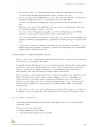 2 Use the show stacking command to determine the nodes that have been lost from the stack.
You should already know all the nodes that are expected to be part of the stack.
3 Log into any node in the severed segment you wish to deactivate, either through its console port or
through the management interface using the alternate management IP address.
Issue show stacking to find whether the broken segment has indeed elected a new master
node.
4 Reboot the broken segment forcing all nodes in the segment to come up as standby nodes using
the reboot stack-topology as-standby command.
If you have unsaved configuration changes, take care when selecting the stack segment to be
rebooted. You should reboot the segment that has the smaller System UpTime.
If you know the node that was master of the unbroken stack, you can reboot the stack segment that
does not contain this master node. Otherwise, determine the System UpTime shown by each master
node.
If the System UpTimes of both masters are the same, you can reboot either segment without loss of
unsaved configuration changes. If the System UpTimes of both masters differ, you must reboot the
segment with the smaller System UpTime.
Automatic Resolution of the Dual Master Situation
When two stack segments are connected together and no slot number is duplicated on either segment,
it is assumed that this is a severed stack rejoin.
It is possible that each stack segment has its own master. Resolution of the dual master situation should
generally be in favor of the original stack segment’s master node. This is because the original stack
segment may still retain the unsaved configuration. If the severed segment was restarted before
electing a new master node, the unsaved configuration is lost on that segment.
The master election is done using the System UpTime. The master election process collects the System
UpTime information of the nodes. If a failover occurs, the System UpTime is inherited by the new
master node, and the new master node continues to increase it as time passes. Thus the System
UpTime is the time since a master was first elected on a segment. When the stack is broken and both
master and backup nodes are on the same segment, the severed segment always has the smaller
System UpTime.
If a stack severance results in the master and backup nodes being on different segments, both have the
same System UpTime. In this case, the master is elected using the normal node role election method.
Setting Traps for Stacking
The stack generates traps that provide status information about the switches in the stack and also
stacking port status.
Traps generated by the stack include:
• extremeStackMemberStatusChanged
• extremeStackMemberSlotId: Indicates the slot ID
Configuring Stacked Switches
ExtremeXOS Concepts Guide for Release 15.4 187
 