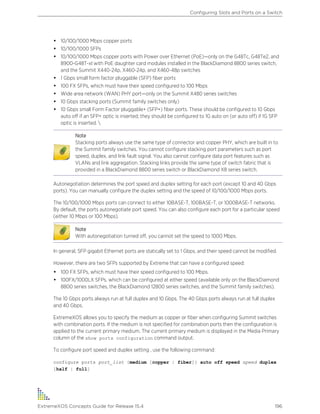 • 10/100/1000 Mbps copper ports
• 10/100/1000 SFPs
• 10/100/1000 Mbps copper ports with Power over Ethernet (PoE)—only on the G48Tc, G48Te2, and
8900-G48T-xl with PoE daughter card modules installed in the BlackDiamond 8800 series switch,
and the Summit X440-24p, X460-24p, and X460-48p switches
• 1 Gbps small form factor pluggable (SFP) fiber ports
• 100 FX SFPs, which must have their speed configured to 100 Mbps
• Wide area network (WAN) PHY port—only on the Summit X480 series switches
• 10 Gbps stacking ports (Summit family switches only)
• 10 Gbps small Form Factor pluggable+ (SFP+) fiber ports. These should be configured to 10 Gbps
auto off if an SFP+ optic is inserted; they should be configured to 1G auto on (or auto off) if 1G SFP
optic is inserted. 
Note
Stacking ports always use the same type of connector and copper PHY, which are built in to
the Summit family switches. You cannot configure stacking port parameters such as port
speed, duplex, and link fault signal. You also cannot configure data port features such as
VLANs and link aggregation. Stacking links provide the same type of switch fabric that is
provided in a BlackDiamond 8800 series switch or BlackDiamond X8 series switch.
Autonegotiation determines the port speed and duplex setting for each port (except 10 and 40 Gbps
ports). You can manually configure the duplex setting and the speed of 10/100/1000 Mbps ports.
The 10/100/1000 Mbps ports can connect to either 10BASE-T, 100BASE-T, or 1000BASE-T networks.
By default, the ports autonegotiate port speed. You can also configure each port for a particular speed
(either 10 Mbps or 100 Mbps).
Note
With autonegotiation turned off, you cannot set the speed to 1000 Mbps.
In general, SFP gigabit Ethernet ports are statically set to 1 Gbps, and their speed cannot be modified.
However, there are two SFPs supported by Extreme that can have a configured speed:
• 100 FX SFPs, which must have their speed configured to 100 Mbps.
• 100FX/1000LX SFPs, which can be configured at either speed (available only on the BlackDiamond
8800 series switches, the BlackDiamond 12800 series switches, and the Summit family switches).
The 10 Gbps ports always run at full duplex and 10 Gbps. The 40 Gbps ports always run at full duplex
and 40 Gbps.
ExtremeXOS allows you to specify the medium as copper or fiber when configuring Summit switches
with combination ports. If the medium is not specified for combination ports then the configuration is
applied to the current primary medium. The current primary medium is displayed in the Media Primary
column of the show ports configuration command output.
To configure port speed and duplex setting , use the following command:
configure ports port_list {medium [copper | fiber]} auto off speed speed duplex
[half | full]
Configuring Slots and Ports on a Switch
ExtremeXOS Concepts Guide for Release 15.4 196
 