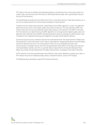PTP relies on the use of carefully time-stamped packets to synchronize one or more slave clocks to a
master clock. Synchronous time information is distributed hierarchically, with a grandmaster clock at
the root of the hierarchy.
The grandmaster provides the time reference for one or more slave devices. These slave devices can, in
turn, act as master devices for further hierarchical layers of slave devices.
To determine the master-slave hierarchy, a Best Master Clock (BMC) algorithm is used. This algorithm
determines which clock is the highest quality clock within a network. The clock elected by BMC (the
master clock) then synchronizes all other clocks (slave clocks) in the network. If the BMC is removed
from the network or is determined by the BMC algorithm to no longer be the highest quality clock, the
algorithm then redefines the new BMC and adjusts all other clocks accordingly. No administrator input
is needed for this readjustment because the algorithm provides a fault tolerant behavior.
Synchronizing time across a network requires two essential functions: the measurement of delays and
the distribution of time information. Each node is responsible for independently determining the delays
across the network links from it to its link partners. Once this is accomplished, periodic time
synchronization messages may be sent from the grandmaster clock device to the slave clock devices.
Link-based delays wander over time, so periodic delay measurements are required. Because these
delays vary slowly, the period between link delay measurements is typically in the order of seconds.
A PTP network must have a grandmaster clock reference and a slave. Between a master and a slave, a
PTP network may have multiple boundary clocks, transparent clocks, and non-PTP bridges.
The following figure illustrates a typical PTP network hierarchy.
Configuring Slots and Ports on a Switch
ExtremeXOS Concepts Guide for Release 15.4 241
 