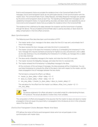 End-to-end transparent clocks accumulate the residence time in the CorrectionField of the PTP
messages. End-to-end transparent clocks do not participate directly in time synchronization with the
master clock. The CorrectionField of Sync, Delay Request, and Delay Response messages are updated
by the end-to-end transparent clocks at each hop. The Signaling and Management messages are not
updated by transparent clocks. In a typical setting, boundary and slave clocks are separated by one or
more end-to-end transparent clocks that accumulates the residence time in the CorrectionField.
The residence time is defined as the delay between the reception and the transmission of packets
through the device. The accumulated CorrectionField value is used by boundary or slave clocks for
delay compensation in the time offset correction.
Basic Synchronization
The following event flow describes basic synchronization of PTP:
1 The master sends a Sync message to the slave, notes the time (t1) it was sent, and embeds the t1
time in the message.
2 The slave receives the Sync message, and notes the time it is received (t2).
3 The master conveys to the slave the timestamp t1 either by (1) embedding the timestamp t1 in the
Sync message (this requires hardware processing for highest accuracy and precision, and is called
as one step clocking) or by (2) embedding the timestamp t1 in a Follow_Up message (this is called
as two step clocking).
4 The slave sends a DelayReq message to the master, and notes the time (t3) it was sent.
5 The master receives the DelayReq message, and notes the time it is received (t4).
6 The master embeds the t4 timestamp in a DelayResp message to the slave.
At the conclusion of this exchange of messages, the slave possesses all four timestamps. You can
use these timestamps to compute the offset of the slave’s clock with respect to the master, and the
mean propagation time of messages between the two clocks.
The formula to compute the offset is as follows:
• master_to_slave_delay = offset + delay = t2 – t1
• slave_to_master_delay = offset − delay = t4 – t3
• one_way_delay = (master_to_slave_delay + slave_to_master_delay) / 2
The calculation for the offset from the master is as follows: offset_from_master = t2 - t1 -
one_way_delay.
Note
The above explanation for offset calculation is provided simply for understanding the basic
PTP protocol. The actual calculations involve many more variables.
The computation of offset and propagation time assumes that the master-to-slave and slave-to-master
propagation times are equal. Any asymmetry in propagation time introduces an error in the computed
value of the clock offset.
End-to-End Transparent Clocks Between Master And Slave
PTP defines the notion of End-to-end transparent clocks which do not participate in time
synchronization with master clock.
Configuring Slots and Ports on a Switch
ExtremeXOS Concepts Guide for Release 15.4 243
 
