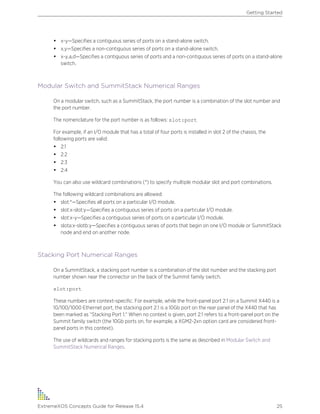 • x-y—Specifies a contiguous series of ports on a stand-alone switch.
• x,y—Specifies a non-contiguous series of ports on a stand-alone switch.
• x-y,a,d—Specifies a contiguous series of ports and a non-contiguous series of ports on a stand-alone
switch.
Modular Switch and SummitStack Numerical Ranges
On a modular switch, such as a SummitStack, the port number is a combination of the slot number and
the port number.
The nomenclature for the port number is as follows: slot:port
For example, if an I/O module that has a total of four ports is installed in slot 2 of the chassis, the
following ports are valid:
• 2:1
• 2:2
• 2:3
• 2:4
You can also use wildcard combinations (*) to specify multiple modular slot and port combinations.
The following wildcard combinations are allowed:
• slot:*—Specifies all ports on a particular I/O module.
• slot:x-slot:y—Specifies a contiguous series of ports on a particular I/O module.
• slot:x-y—Specifies a contiguous series of ports on a particular I/O module.
• slota:x-slotb:y—Specifies a contiguous series of ports that begin on one I/O module or SummitStack
node and end on another node.
Stacking Port Numerical Ranges
On a SummitStack, a stacking port number is a combination of the slot number and the stacking port
number shown near the connector on the back of the Summit family switch.
slot:port
These numbers are context-specific. For example, while the front-panel port 2:1 on a Summit X440 is a
10/100/1000 Ethernet port, the stacking port 2:1 is a 10Gb port on the rear panel of the X440 that has
been marked as “Stacking Port 1." When no context is given, port 2:1 refers to a front-panel port on the
Summit family switch (the 10Gb ports on, for example, a XGM2-2xn option card are considered front-
panel ports in this context).
The use of wildcards and ranges for stacking ports is the same as described in Modular Switch and
SummitStack Numerical Ranges.
Getting Started
ExtremeXOS Concepts Guide for Release 15.4 25
 