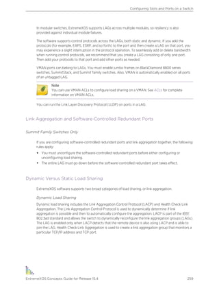In modular switches, ExtremeXOS supports LAGs across multiple modules, so resiliency is also
provided against individual module failures.
The software supports control protocols across the LAGs, both static and dynamic. If you add the
protocols (for example, EAPS, ESRP, and so forth) to the port and then create a LAG on that port, you
may experience a slight interruption in the protocol operation. To seamlessly add or delete bandwidth
when running control protocols, we recommend that you create a LAG consisting of only one port.
Then add your protocols to that port and add other ports as needed.
VMAN ports can belong to LAGs. You must enable jumbo frames on BlackDiamond 8800 series
switches, SummitStack, and Summit family switches. Also, VMAN is automatically enabled on all ports
of an untagged LAG.
Note
You can use VMAN ACLs to configure load sharing on a VMAN. See ACLs for complete
information on VMAN ACLs.
You can run the Link Layer Discovery Protocol (LLDP) on ports in a LAG.
Link Aggregation and Software-Controlled Redundant Ports
Summit Family Switches Only
If you are configuring software-controlled redundant ports and link aggregation together, the following
rules apply:
• You must unconfigure the software-controlled redundant ports before either configuring or
unconfiguring load sharing.
• The entire LAG must go down before the software-controlled redundant port takes effect.
Dynamic Versus Static Load Sharing
ExtremeXOS software supports two broad categories of load sharing, or link aggregation.
Dynamic Load Sharing
Dynamic load sharing includes the Link Aggregation Control Protocol (LACP) and Health Check Link
Aggregation. The Link Aggregation Control Protocol is used to dynamically determine if link
aggregation is possible and then to automatically configure the aggregation. LACP is part of the IEEE
802.3ad standard and allows the switch to dynamically reconfigure the link aggregation groups (LAGs).
The LAG is enabled only when LACP detects that the remote device is also using LACP and is able to
join the LAG. Health Check Link Aggregation is used to create a link aggregation group that monitors a
particular TCP/IP address and TCP port.
Configuring Slots and Ports on a Switch
ExtremeXOS Concepts Guide for Release 15.4 259
 