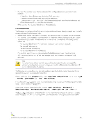 • IPv4 and IPv6 packets—Load sharing is based on the configured options supported on each
platform:
• L2 algorithm—Layer 2 source and destination MAC addresses.
• L3 algorithm—Layer 3 source and destination IP addresses.
• L3_L4 algorithm—Layer 3 and Layer 4, the combined source and destination IP addresses and
source and destination TCP and UDP port numbers.
• MPLS packets—The source and destination MAC addresses.
Custom Algorithms
The following are the types of traffic to which custom addressed-based algorithms apply and the traffic
components used to select egress links:
• Non-IP Layer 2—Uses the VLAN ID, the source and destination MAC addresses, and the ethertype.
• IPv4 packets—Uses IP address information from an IP header, or for tunneled packets, the custom
algorithm always uses the inner header of an IP-in-IP or GRE tunnel packet. The configuration
options are:
• The source and destination IPv4 addresses and Layer 4 port numbers (default)
• The source IP address only,
• The destination IP address only
• The source and destination IP addresses
• IPv6 packets—Uses the source and destination IPv6 addresses and Layer 4 port numbers.
• MPLS packets—Uses the top, second, and reserved labels and the source and destination IP
addresses.
Note
In a switch having at least one LAG group with custom algorithm, the egress port for
unknown unicast packets across all LAG groups in switch will be decided based on Layer 3
source and destination IP address.
The following command allows you to enable load sharing and select either a standard algorithm or
specify that you want to use a custom algorithm:
enable sharing port grouping port_list {algorithm [address-based {L2 | L3 | L3_L4
| custom} | port-based }]} {lacp | health-check}
If you choose the custom option when you enable load sharing, you can use the following command to
select a custom load sharing algorithm:
configure sharing address-based custom [ipv4 [L3-and-L4 | source-only |
destination-only | source-and-destination] | hash-algorithm [xor | crc-16]]
The hash-algorithm option controls how the source information (such as an IP address) is used to
select the egress port. The xor hash algorithm guarantees that the same egress port is selected for
Configuring Slots and Ports on a Switch
ExtremeXOS Concepts Guide for Release 15.4 262
 