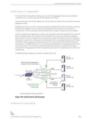 Health Check Link Aggregation
The Health Check LAG application allows you to create a link aggregation group where individual
member links can monitor a particular TCP/IP address and TCP port.
When connectivity to the TCP/IP address and TCP port fails, the member link is removed from the link
aggregation group.
Establishing the status of a TCP connectivity is based on standard TCP socket connections. As long as
the switch can establish a TCP connection to the target switch and TCP port, the connection is
considered up. The TCP connection will retry based on the configured frequency and miss settings.
A typical use case for this application is when a user wishes to connect each member link to a Security
Server to validate traffic. Each member link of the Health Check LAG is connected to an individual
Security Server. The LAG is added to a VLAN on the same subnet as the Security Server IP addresses
they wish to monitor. Each member port is configured to monitor a particular IP address and TCP port.
The Health Check LAG application attempts to do a TCP connect to each IP/TCP port through each
member port. The Health Check LAG, by virtue of the sharing algorithm, will load balance traffic across
the member links. If a TCP connection cannot be established through the member link, the port is
removed from the aggregator and traffic through that particular link is redistributed to the other LAG
member links.
The following figure displays an example of a Health Check LAG.
Figure 30: Health Check LAG Example
Guidelines for Load Sharing
Configuring Slots and Ports on a Switch
ExtremeXOS Concepts Guide for Release 15.4 266
 
