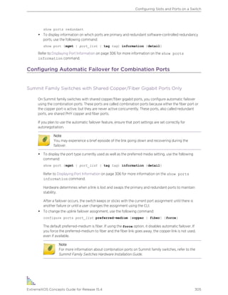 show ports redundant
• To display information on which ports are primary and redundant software-controlled redundancy
ports, use the following command:
show port {mgmt | port_list | tag tag} information {detail}
Refer to Displaying Port Information on page 306 for more information on the show ports
information command.
Configuring Automatic Failover for Combination Ports
Summit Family Switches with Shared Copper/Fiber Gigabit Ports Only
On Summit family switches with shared copper/fiber gigabit ports, you configure automatic failover
using the combination ports. These ports are called combination ports because either the fiber port or
the copper port is active, but they are never active concurrently. These ports, also called redundant
ports, are shared PHY copper and fiber ports.
If you plan to use the automatic failover feature, ensure that port settings are set correctly for
autonegotiation.
Note
You may experience a brief episode of the link going down and recovering during the
failover.
• To display the port type currently used as well as the preferred media setting, use the following
command:
show port {mgmt | port_list | tag tag} information {detail}
Refer to Displaying Port Information on page 306 for more information on the show ports
information command.
Hardware determines when a link is lost and swaps the primary and redundant ports to maintain
stability.
After a failover occurs, the switch keeps or sticks with the current port assignment until there is
another failure or until a user changes the assignment using the CLI.
• To change the uplink failover assignment, use the following command:
configure ports port_list preferred-medium [copper | fiber] {force}
The default preferred-medium is fiber. If using the force option, it disables automatic failover. If
you force the preferred-medium to fiber and the fiber link goes away, the copper link is not used,
even if available.
Note
For more information about combination ports on Summit family switches, refer to the
Summit Family Switches Hardware Installation Guide.
Configuring Slots and Ports on a Switch
ExtremeXOS Concepts Guide for Release 15.4 305
 