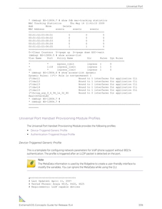 * (debug) BD-12804.7 # show fdb mac-tracking statistics
MAC Tracking Statistics Thu May 14 11:41:10 2009
Add Move Delete
MAC Address events events events
=====================================================
00:01:02:03:04:01 0 0 0
00:01:02:03:04:02 0 0 0
00:01:02:03:04:03 0 0 0
00:01:02:03:04:04 0 0 0
00:01:02:03:04:05 1 1 0
=====================================================
0->Clear Counters U->page up D->page down ESC->exit
(debug) BD-12804.5 # show access-list
Vlan Name Port Policy Name Dir Rules Dyn Rules
===================================================================
* * egress_limit ingress 1 0
* 1:18 ingress_limit ingress 1 5
v1 * ingress_limit ingress 1 0
* (debug) BD-12804.6 # show access-list dynamic
Dynamic Rules: ((*)- Rule is non-permanent )
(*)dacl1 Bound to 1 interfaces for application Cli
(*)dacl2 Bound to 1 interfaces for application Cli
(*)dacl3 Bound to 1 interfaces for application Cli
(*)dacl4 Bound to 1 interfaces for application Cli
(*)dacl5 Bound to 1 interfaces for application Cli
(*)hclag_arp_0_4_96_1e_32_80 Bound to 0 interfaces for application
HealthCheckLAG
* (debug) BD-12804.7 #
* (debug) BD-12804.7 #
==============================================================================
=======
Universal Port Handset Provisioning Module Profiles
The Universal Port Handset Provisioning Module provides the following profiles:
• Device-Triggered Generic Profile
• Authentication-Triggered Avaya Profile
Device-Triggered Generic Profile
This is a template for configuring network parameters for VoIP phone support without 802.1x
authentication. The profile is triggered after an LLDP packet is detected on the port.
Note
The MetaData information is used by the Ridgeline to create a user-friendly interface to
modify the variables. You can ignore the MetaData while using the CLI.
#********************************
# Last Updated: April 11, 2007
# Tested Phones: Avaya 4610, 4620, 4625
# Requirements: LLDP capable devices
Universal Port
ExtremeXOS Concepts Guide for Release 15.4 339
 