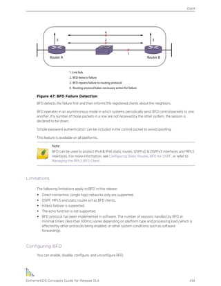 Figure 47: BFD Failure Detection
BFD detects the failure first and then informs the registered clients about the neighbors.
BFD operates in an asynchronous mode in which systems periodically send BFD control packets to one
another. If a number of those packets in a row are not received by the other system, the session is
declared to be down.
Simple password authentication can be included in the control packet to avoid spoofing.
This feature is available on all platforms.
Note
BFD can be used to protect IPv4 & IPv6 static routes, OSPFv2 & OSPFv3 interfaces and MPLS
interfaces. For more information, see Configuring Static Routes, BFD for OSPF, or refer to
Managing the MPLS BFD Client.
Limitations
The following limitations apply to BFD in this release:
• Direct connection (single hop) networks only are supported.
• OSPF, MPLS and static routes act as BFD clients.
• Hitless failover is supported.
• The echo function is not supported.
• BFD protocol has been implemented in software. The number of sessions handled by BFD at
minimal timers (less than 100ms) varies depending on platform type and processing load (which is
effected by other protocols being enabled, or other system conditions such as software
forwarding).
Configuring BFD
You can enable, disable, configure, and unconfigure BFD.
OAM
ExtremeXOS Concepts Guide for Release 15.4 414
 