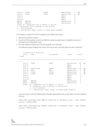 Slot-6 10G1Xc 10G1Xc Operational 1 MB
Slot-7 10G4X 10G4X Operational 4 MB
Slot-8 Empty 0
Slot-9 Empty 0
Slot-10 Empty 0
MSM-A MSM-48c Operational 0
MSM-B MSM-48c Operational 0
Flags: M - Backplane link to Master is Active
B - Backplane link to Backup is also Active
D - Slot Disabled
I - Insufficient Power (refer to "show power budget")
To configure a module for the PoE daughter card, follow these steps:
1 Remove the G48Te2 module.
2 Attach the PoE daughter card to the G48Te2 module (as described in installation document
provided with the daughter card).
3 Re-insert G48Te2 module with the PoE daughter card attached.
The following output displays the results of the show slot command after the card is attached:
* BD-8810.20 # show slot
Slots Type Configured State Ports
Flags
----------------------------------------------------------------------------
---
Slot-1 G48Tc G48Tc Operational 48 MB
Slot-2 Empty 0
Slot-3 Empty 0
Slot-4 G48Te2(PoE) G48Te2 Operational 48 MB
Slot-5 G8Xc G8Xc Operational 8 MB
Slot-6 10G1Xc 10G1Xc Operational 1 MB
Slot-7 10G4X 10G4X Operational 4 MB
Slot-8 Empty 0
Slot-9 Empty 0
Slot-10 Empty 0
MSM-A MSM-48c Operational 0
MSM-B MSM-48c Operational 0
Flags : M - Backplane link to Master is Active
B - Backplane link to Backup is also Active
D - Slot Disabled
I - Insufficient Power (refer to "show power budget")
You can expect to see the following log messages generated by the system after you have attached
the card:
<Warn:HAL.Card.Warning> MSM-A: Powering on mismatch card - cfg: G48Te2
actual: G48Te2(PoE)
<Warn:HAL.Card.Warning> MSM-B: Powering on mismatch card - cfg: G48Te2
actual: G48Te2(PoE)
PoE
ExtremeXOS Concepts Guide for Release 15.4 427
 