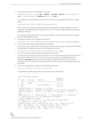 4 To configure your filter, use the following command:
configure log filter name [add | delete] {exclude} events [event-condition |
[all | event-component] {severity severity {only}}]
For example, if you create the filter myFilter from scratch, use the following command to include
events:
configure log filter myFilter add events stp
All STP component events of at least the default threshold severity passes myFilter (for the STP
component, the default severity threshold is error). You can further modify this filter by specifying
additional conditions.
For example, assume that myFilter is configured as before, and assume that you want to exclude
the STP.CreatPortMsgFail event.
5 To add that condition, use the following command:
configure log filter myFilter add exclude events stp.creatportmsgfail
6 You can also add events and subcomponents to the filter.
For example, assume that myFilter is configured as before, and you want to include the STP.InBPDU
subcomponent. To add that condition, use the following command:
configure log filter myFilter add events stp.inbpdu
7 You can continue to modify this filter by adding more filter items.
The filters process events by comparing the event with the most recently configured filter item first.
If the event matches this filter item, the incident is either included or excluded, depending on
whether the exclude keyword was used. If necessary, subsequent filter items on the list are
compared. If the list of filter items is exhausted with no match, the event is excluded and is blocked
by the filter.
8 To view the configuration of a filter, use the following command:
show log configuration filter {filter_name}
The following is sample output from this command (for the earlier filter):
Log Filter Name: myFilter
I/ Severity
E Comp. Sub-comp. Condition CEWNISVD
- ------- ----------- ----------------------- --------
I STP InBPDU --------
E STP CreatPortMsgFail -E------
I STP --------
Include/Exclude: I - Include, E - Exclude
Component Unreg: * - Component/Subcomponent is not currently registered
Severity Values: C - Critical, E - Error, W - Warning, N - Notice, I -
Info
Debug Severity : S - Debug-Summary, V - Debug-Verbose, D - Debug-Data
+ - Debug Severities, but log debug-mode not enabled
If Match parameters present:
Parameter Flags: S - Source, D - Destination, (as applicable)
I - Ingress, E - Egress, B - BGP
Parameter Types: Port - Physical Port list, Slot - Physical Slot #
MAC - MAC address, IP - IP Address/netmask, Mask - Netmask
VID - Virtual LAN ID (tag), VLAN - Virtual LAN name
L4 - Layer-4 Port #, Num - Number, Str - String
Status Monitoring and Statistics
ExtremeXOS Concepts Guide for Release 15.4 477
 