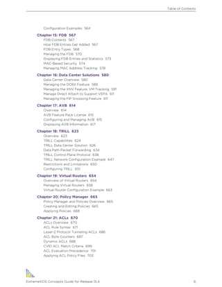 Configuration Examples 564
Chapter 15: FDB 567
FDB Contents 567
How FDB Entries Get Added 567
FDB Entry Types 568
Managing the FDB 570
Displaying FDB Entries and Statistics 573
MAC-Based Security 574
Managing MAC Address Tracking 578
Chapter 16: Data Center Solutions 580
Data Center Overview 580
Managing the DCBX Feature 589
Managing the XNV Feature, VM Tracking 591
Manage Direct Attach to Support VEPA 611
Managing the FIP Snooping Feature 611
Chapter 17: AVB 614
Overview 614
AVB Feature Pack License 615
Configuring and Managing AVB 615
Displaying AVB Information 617
Chapter 18: TRILL 623
Overview 623
TRILL Capabilities 624
TRILL Data Center Solution 626
Data Path Packet Forwarding 634
TRILL Control Plane Protocol 638
TRILL Network Configuration Example 647
Restrictions and Limitations 650
Configuring TRILL 651
Chapter 19: Virtual Routers 654
Overview of Virtual Routers 654
Managing Virtual Routers 658
Virtual Router Configuration Example 663
Chapter 20: Policy Manager 665
Policy Manager and Policies Overview 665
Creating and Editing Policies 665
Applying Policies 668
Chapter 21: ACLs 670
ACLs Overview 670
ACL Rule Syntax 671
Layer-2 Protocol Tunneling ACLs 686
ACL Byte Counters 687
Dynamic ACLs 688
CVID ACL Match Criteria 699
ACL Evaluation Precedence 701
Applying ACL Policy Files 703
Table of Contents
ExtremeXOS Concepts Guide for Release 15.4 6
 