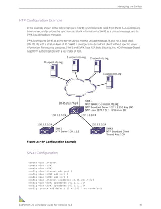 NTP Configuration Example
In the example shown in the following figure, SW#1 synchronizes its clock from the 0-3.us.pool.ntp.org
timer server, and provides the synchronized clock information to SW#2 as a unicast message, and to
SW#3 as a broadcast message.
SW#2 configures SW#1 as a time server using a normal unicast message. It also has a local clock
(127.127.1.1) with a stratum level of 10. SW#3 is configured as broadcast client without specific server
information. For security purposes, SW#2 and SW#3 use RSA Data Security, Inc. MD5 Message-Digest
Algorithm authentication with a key index of 100.
Figure 2: NTP Configuration Example
SW#1 Configuration
create vlan internet
create vlan toSW2
create vlan toSW3
config vlan internet add port 1
config vlan toSW2 add port 2
config vlan toSW3 add port 3
config vlan internet ipaddress 10.45.203.74/24
config vlan toSW2 ipaddress 100.1.1.1/24
config vlan toSW3 ipaddress 102.1.1.1/24
config iproute add default 10.45.203.1 vr vr-default
Managing the Switch
ExtremeXOS Concepts Guide for Release 15.4 81
 