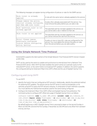 The following messages can appear during configuration of policies or rules for the SNMP service:
Rule <rule> is already
applied
A rule with the same name is already applied to this service.
Please remove the policy
<policy> already configured,
and then add rule <rule>
A policy file is already associated with the service. You
must remove the policy before you can add a rule.
Rule <previous_rule> is not
already applied
The specified rule has not been applied to the service, so
you cannot add a rule in relation to that rule.
Rule <rule> is not applied
The specified rule has not been applied to the service, so
you cannot remove the rule from the service.
Error: Please remove
previously configured
rule(s) before configuring
policy <policy>
A policy or one or more ACL rules are configured for the
service. You must delete the remove the policy or rules
from the service before you can add a policy.
Using the Simple Network Time Protocol
ExtremeXOS supports the client portion of the Simple Network Time Protocol (SNTP) Version 3 based
on RFC1769.
SNTP can be used by the switch to update and synchronize its internal clock from a Network Time
Protocol (NTP) server. After SNTP has been enabled, the switch sends out a periodic query to the
indicated NTP server, or the switch listens to broadcast NTP updates. In addition, the switch supports
the configured setting for Greenwich Mean time (GMT) offset and the use of Daylight Saving Time.
Configuring and Using SNTP
To use SNTP:
1 Identify the host(s) that are configured as NTP server(s). Additionally, identify the preferred method
for obtaining NTP updates. The options are for the NTP server to send out broadcasts, or for
switches using NTP to query the NTP server(s) directly. A combination of both methods is possible.
You must identify the method that should be used for the switch being configured.
2 Configure the Greenwich Mean Time (GMT) offset and Daylight Saving Time preference. The
command syntax to configure GMT offset and usage of Daylight Saving Time is as follows:
configure timezone {name tz_name} GMT_offset {autodst {name dst_timezone_ID}
{dst_offset} begins [every floatingday | on absoluteday] {at time_of_day_hour
time_of_day_minutes} {ends [every floatingday | on absoluteday] {at
time_of_day_hour time_of_day_minutes}}}
By default beginning in 2007, Daylight Saving Time is assumed to begin on the second Sunday in
March at 2:00 AM, and end the first Sunday in November at 2:00 AM and to be offset from standard
time by one hour.
Managing the Switch
ExtremeXOS Concepts Guide for Release 15.4 96
 
