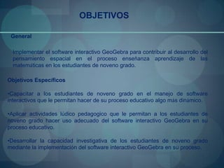 OBJETIVOS

 General

  Implementar el software interactivo GeoGebra para contribuir al desarrollo del
  pensamiento espacial en el proceso enseñanza aprendizaje de las
  matemáticas en los estudiantes de noveno grado.

Objetivos Específicos

•Capacitar a los estudiantes de noveno grado en el manejo de software
interactivos que le permitan hacer de su proceso educativo algo más dinámico.

•Aplicar actividades lúdico pedagogico que le permitan a los estudiantes de
noveno grado hacer uso adecuado del software interactivo GeoGebra en su
proceso educativo.

•Desarrollar la capacidad investigativa de los estudiantes de noveno grado
mediante la implementación del software interactivo GeoGebra en su proceso.
 