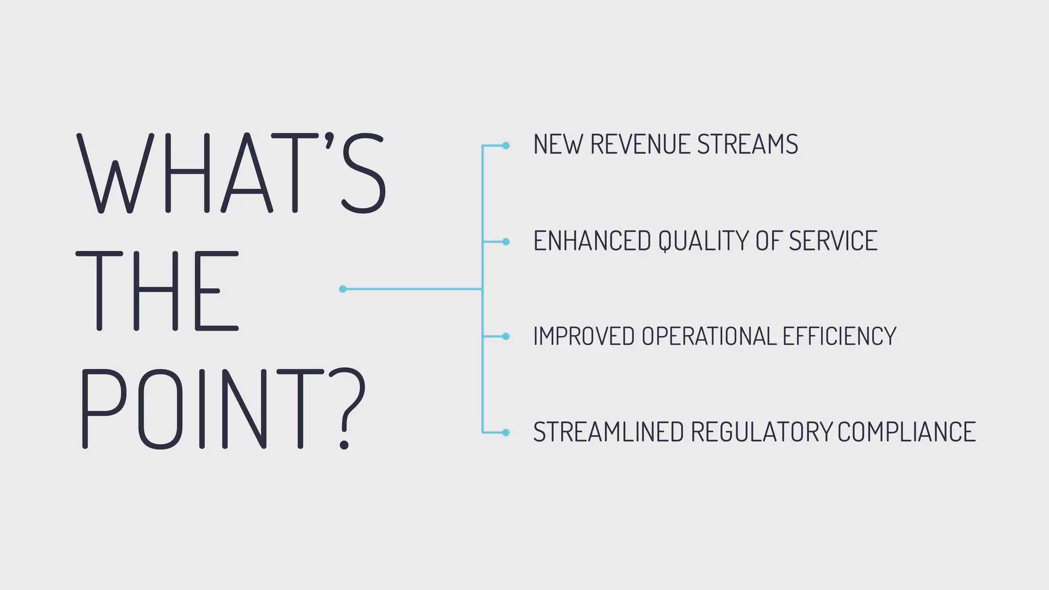 WHAT’S
THE
POINT?
NEW REVENUE STREAMS
ENHANCED QUALITY OF SERVICE
IMPROVED OPERATIONAL EFFICIENCY
STREAMLINED REGULATORYCOMPLIANCE
 
