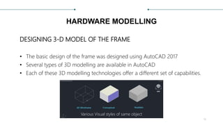 HARDWARE MODELLING
DESIGNING 3-D MODEL OF THE FRAME
• The basic design of the frame was designed using AutoCAD 2017
• Several types of 3D modelling are available in AutoCAD
• Each of these 3D modelling technologies offer a different set of capabilities.
Various Visual styles of same object
18
 