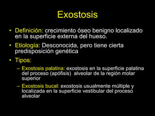 Exostosis
• Definición: crecimiento óseo benigno localizado
  en la superficie externa del hueso.
• Etiología: Desconocida, pero tiene cierta
  predisposición genética
• Tipos:
  – Exostosis palatina: exostosis en la superficie palatina
    del proceso (apófisis) alveolar de la región molar
    superior
  – Exostosis bucal: exostosis usualmente múltiple y
    localizada en la superficie vestibular del proceso
    alveolar
 
