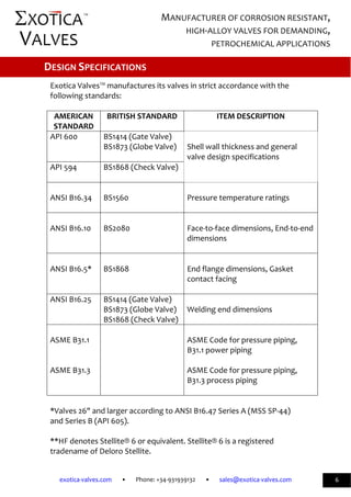              
exotica‐valves.com       •       Phone: +34‐931939132       •       sales@exotica‐valves.com  
 
MANUFACTURER OF CORROSION RESISTANT, 
HIGH‐ALLOY VALVES FOR DEMANDING, 
PETROCHEMICAL APPLICATIONS 
™ 
6 
 
 
Exotica Valves™ manufactures its valves in strict accordance with the 
following standards: 
 
AMERICAN 
STANDARD 
BRITISH STANDARD  ITEM DESCRIPTION 
API 600 
 
 
BS1414 (Gate Valve) 
BS1873 (Globe Valve) 
 
Shell wall thickness and general 
valve design specifications  
API 594  BS1868 (Check Valve) 
 
 
 
ANSI B16.34  
 
 
BS1560 
 
Pressure temperature ratings 
 
 
ANSI B16.10 
 
BS2080 
 
Face‐to‐face dimensions, End‐to‐end 
dimensions 
 
 
ANSI B16.5*  
 
 
BS1868 
 
End flange dimensions, Gasket 
contact facing 
 
ANSI B16.25  BS1414 (Gate Valve) 
BS1873 (Globe Valve) 
BS1868 (Check Valve) 
 
Welding end dimensions 
 
ASME B31.1  
 
 
ASME B31.3 
   
ASME Code for pressure piping, 
B31.1 power piping  
 
ASME Code for pressure piping, 
B31.3 process piping 
 
 
*Valves 26" and larger according to ANSI B16.47 Series A (MSS SP‐44) 
and Series B (API 605). 
 
**HF denotes Stellite® 6 or equivalent. Stellite® 6 is a registered 
tradename of Deloro Stellite. 
DESIGN SPECIFICATIONS 
 