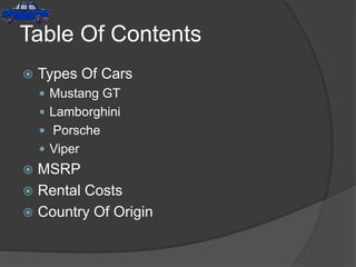 Table Of ContentsTypes Of CarsMustang GTLamborghini PorscheViperMSRPRental CostsCountry Of Origin