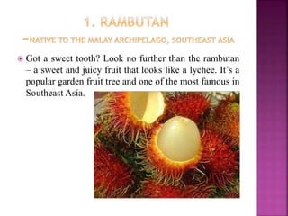  Got a sweet tooth? Look no further than the rambutan
– a sweet and juicy fruit that looks like a lychee. It’s a
popular garden fruit tree and one of the most famous in
Southeast Asia.
 