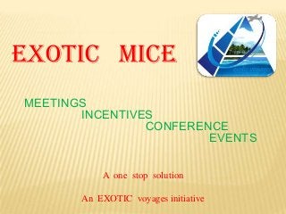 EXOTIC MICE
MEETINGS
INCENTIVES
CONFERENCE
EVENTS
A one stop solution
An EXOTIC voyages initiative

 