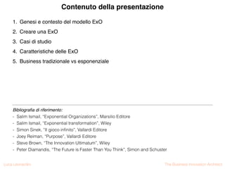 The Business Innovation ArchitectLuca Leonardini
Contenuto della presentazione
1. Genesi e contesto del modello Ex
O

2. C...