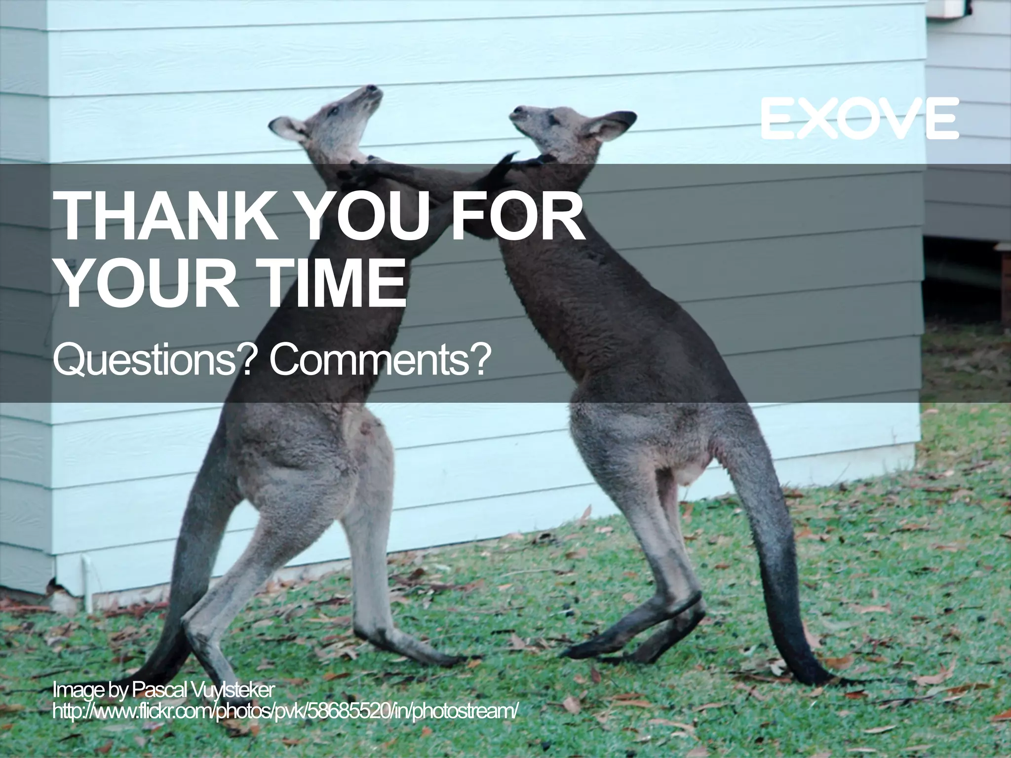 THANK YOU FOR
YOUR TIME
Questions? Comments?




Image by Pascal Vuylsteker
http://www.flickr.com/photos/pvk/58685520/in/photostream/
 