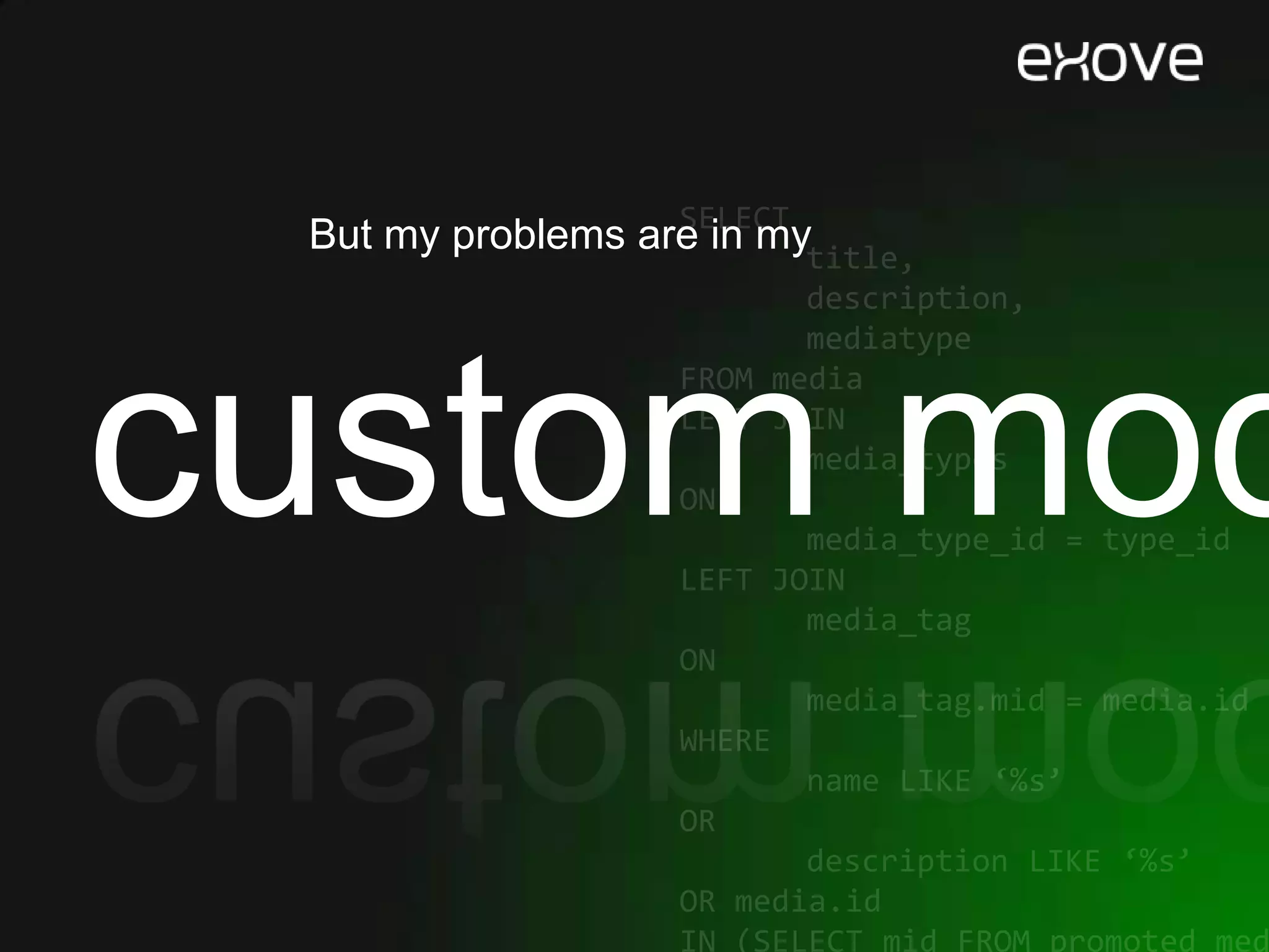 Custom modulesCustom modules can be designed with ApacheSOLR in mindWhen you realize all the potential there is in a indexer that can index XML files, sky is the limitWhenever you have a data structure that’s too complex for MySQL to search from – and that’s not too rarely – you might benefit from indexing that data to SOLR and using your SOLR as the read-only “db”