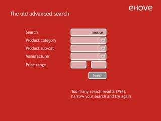 The faceted searchOrder by priceLogitech LS1 Laser MouseCurrent search29 €A cheap laser mouse that’ll get youthrough even the most problematicof PowerPoint presentations.mouseSub-categoryLogitech G3 Gaming Mousewireless mice (296)wired mice (96)laser mice (163)59 €A great laser mouse with morebuttons than you’ll ever havetime to configure. A steal.Show allMicrosoft Super MouseManufacturer49 €Logitech(194)Microsoft (36)HP (3)A great mouse from the companythat brought you the best productof all times, Windows Me.Show allApple Mighty Mouse129 €Price rangeThe mouse the image happensto be of. Never tried it. Lookspretty nice, though.0-50 € (384)50-100 € (129)100-300 € (50)page 1 2 3 4 5 6 7 8 9 10