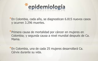 *
* En Colombia, cada año, se diagnostican 6.815 nuevos casos
 y ocurren 3.296 muertes.


* Primera causa de mortalidad por cáncer en mujeres en
 Colombia; y segunda causa a nivel mundial después de Ca.
 Mama.


* En Colombia, una de cada 25 mujeres desarrollará Ca.
 Cérvix durante su vida.
 