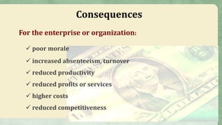 19
Consequences
For the enterprise or organization:
 poor morale
 increased absenteeism, turnover
 reduced productivity
 reduced profits or services
 higher costs
 reduced competitiveness
 