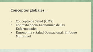 Conceptos globales…
• Concepto de Salud (OMS)
• Contexto Socio-Economico de las
Enfermedades
• Ergonomia y Salud Ocupacional: Enfoque
Multinivel
 