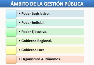 • Poder Legislativo.
• Poder Judicial.
• Poder Ejecutivo.
• Gobierno Regional.
• Gobierno Local.
• Organismos Autónomos.
 
