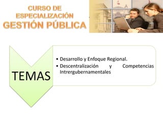 TEMAS
• Desarrollo y Enfoque Regional.
• Descentralización y Competencias
Intrergubernamentales
 