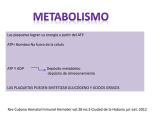 Las plaquetas logran su energía a partir del ATP
ATP= Bombea Na fuera de la célula
ATP Y ADP Depósito metabólico
depósito de almacenamiento
LAS PLAQUETAS PUEDEN SINTETIZAR GLUCÓGENO Y ÁCIDOS GRASOS
Rev Cubana Hematol Inmunol Hemoter vol.28 no.3 Ciudad de la Habana jul.-set. 2012
 